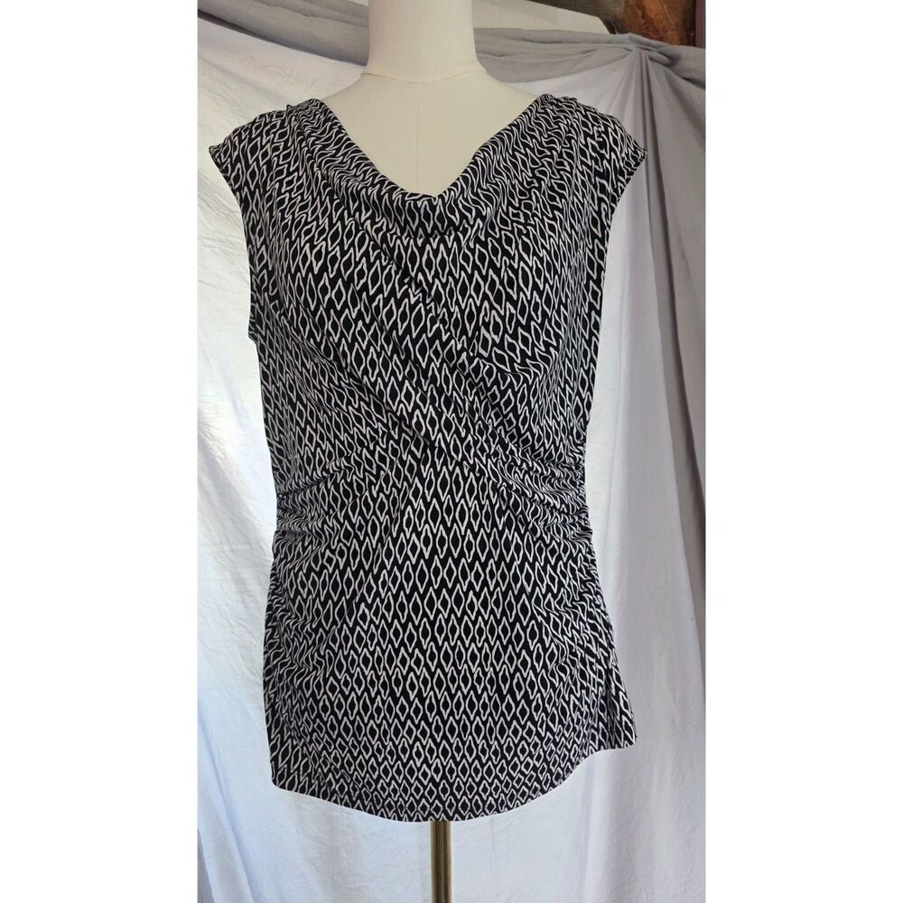 CHAUS Top L Black White Diamond Cowl Neck Ruched Sleeveless Stretch Blouse